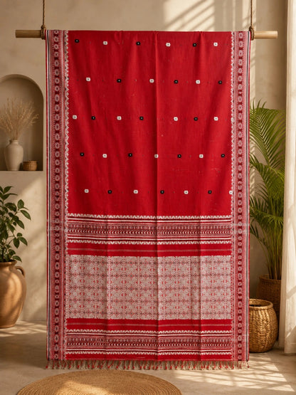 Crimson Red Pure Cotton Weaving Saree with Traditional Geometric Pallu Design