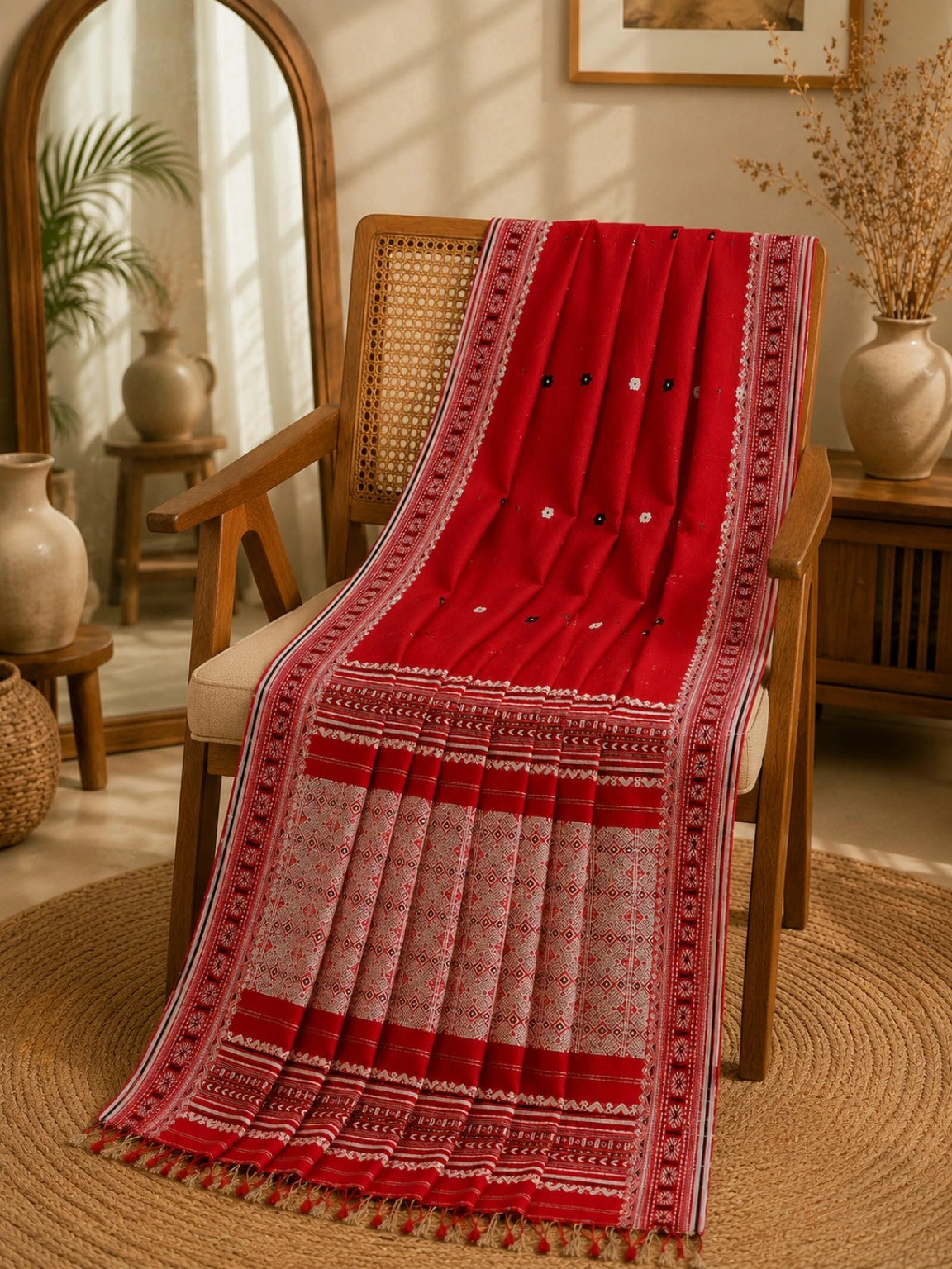 Crimson Red Pure Cotton Weaving Saree with Traditional Geometric Pallu Design