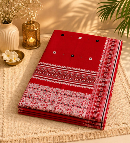 Crimson Red Pure Cotton Weaving Saree with Traditional Geometric Pallu Design