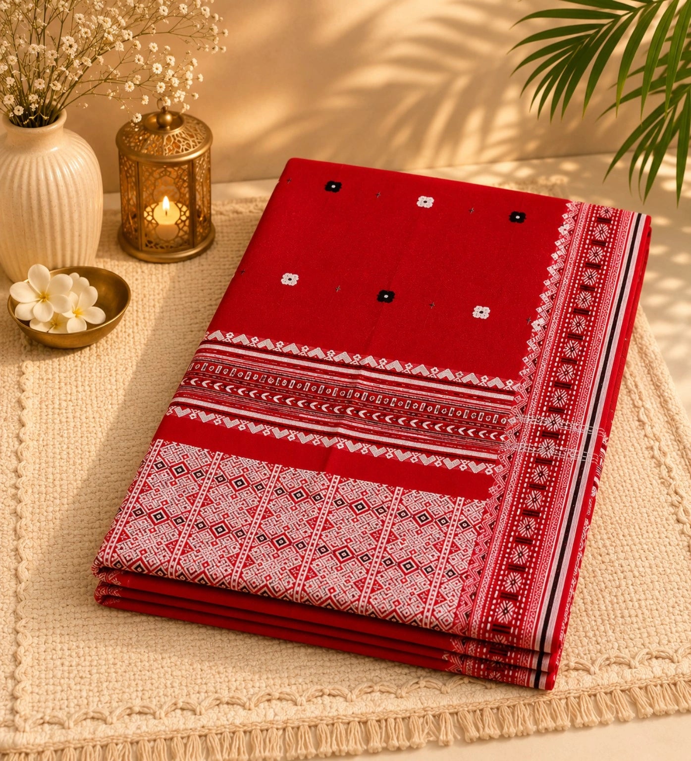 Traditional Red Pure Cotton Handwoven Saree with White Geometric Woven Pallu & Buti Motifs