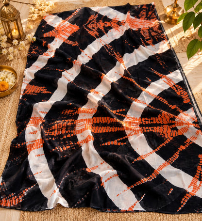 Black & Ivory Abstract Tie-Dye Mul Cotton Saree with Rust Orange Geometric Artwork