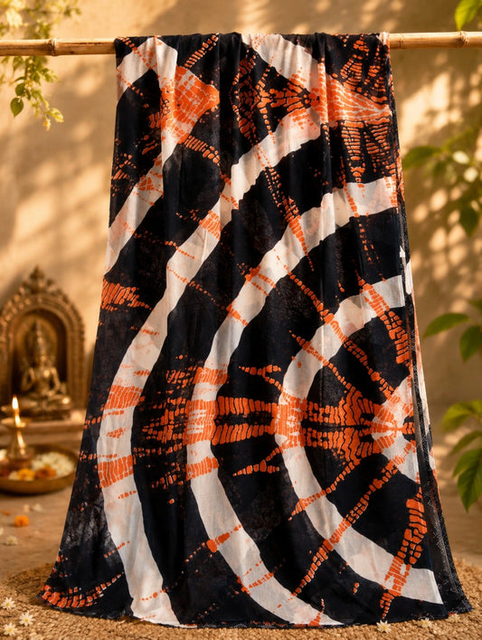 Black & Ivory Abstract Tie-Dye Mul Cotton Saree with Rust Orange Geometric Artwork