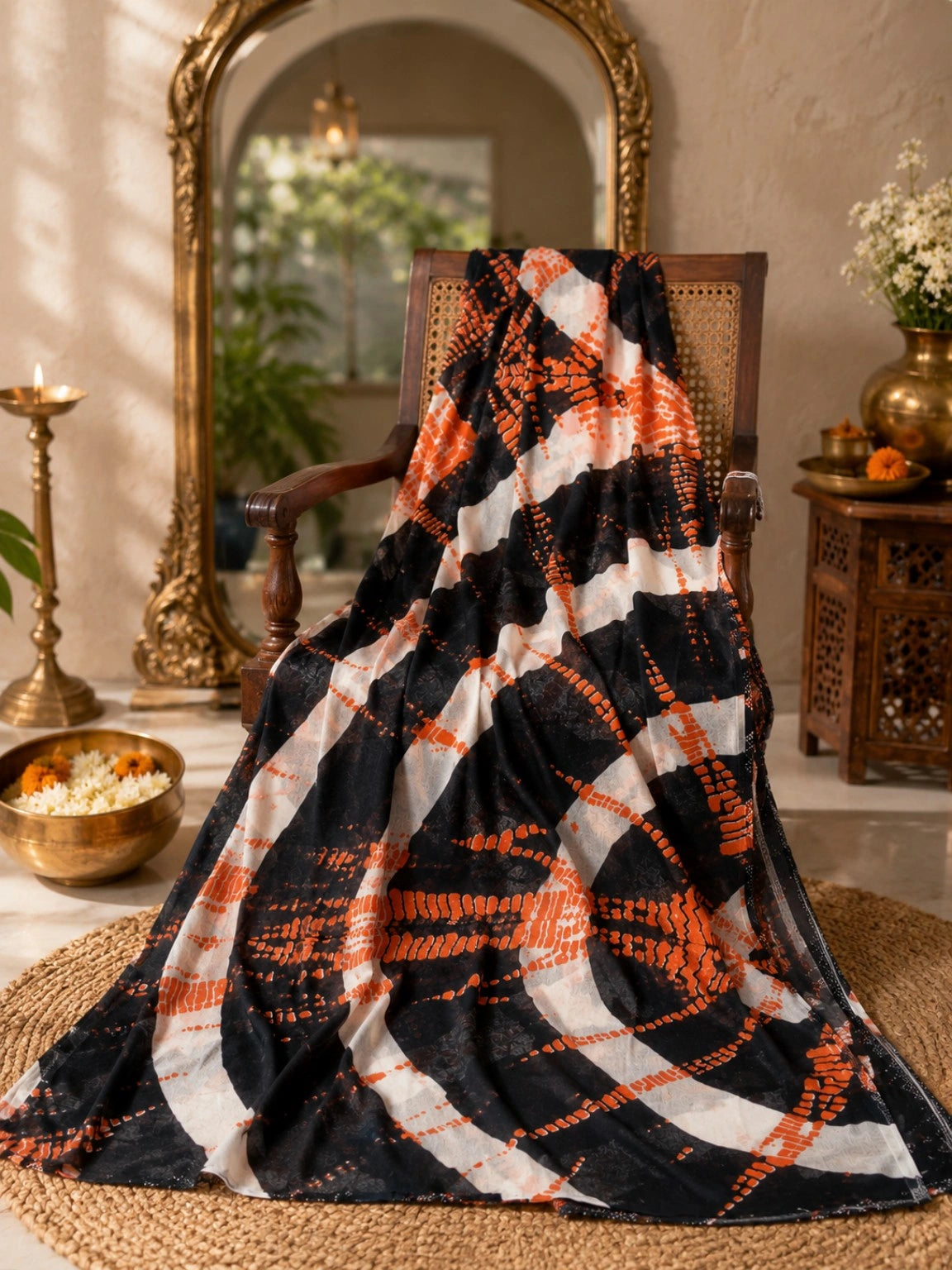 Black & Ivory Abstract Tie-Dye Mul Cotton Saree with Rust Orange Geometric Artwork