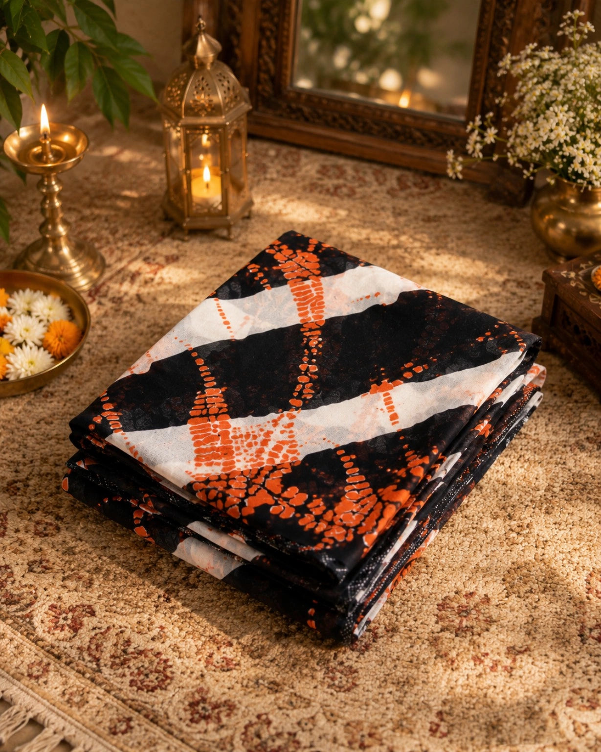 Black & Ivory Abstract Tie-Dye Mul Cotton Saree with Rust Orange Geometric Artwork