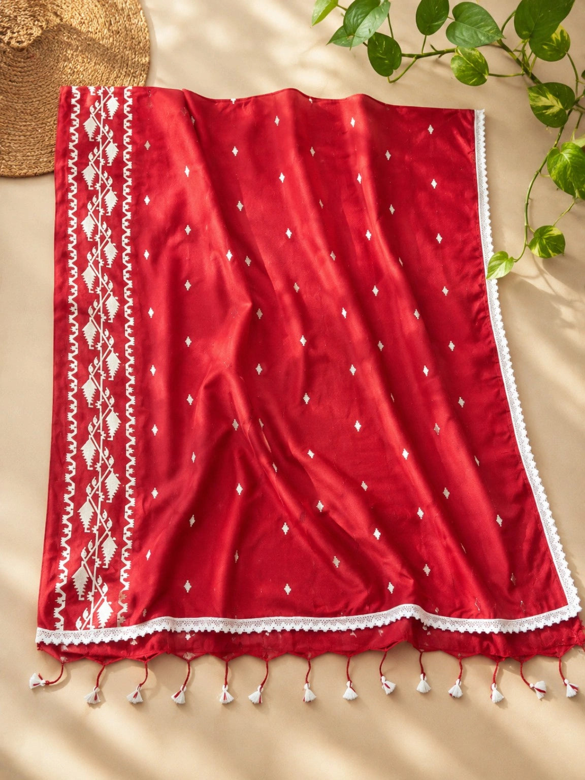 Red Cotton Khadi Lace Work Saree with White Tribal Border Motifs