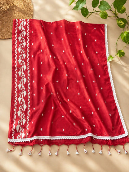 Red Cotton Khadi Lace Work Saree with White Tribal Border Motifs