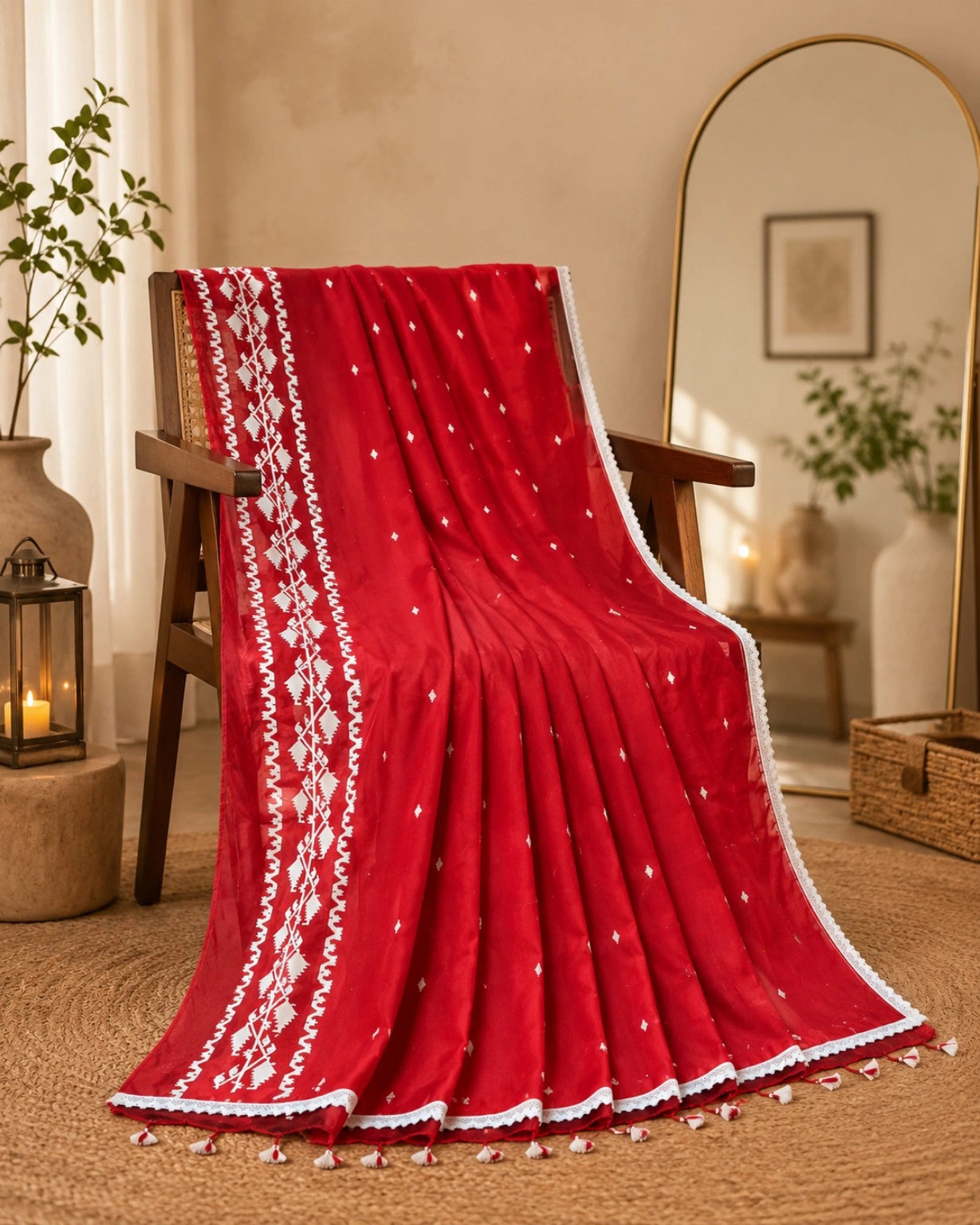 Red Cotton Khadi Lace Work Saree with White Tribal Border Motifs
