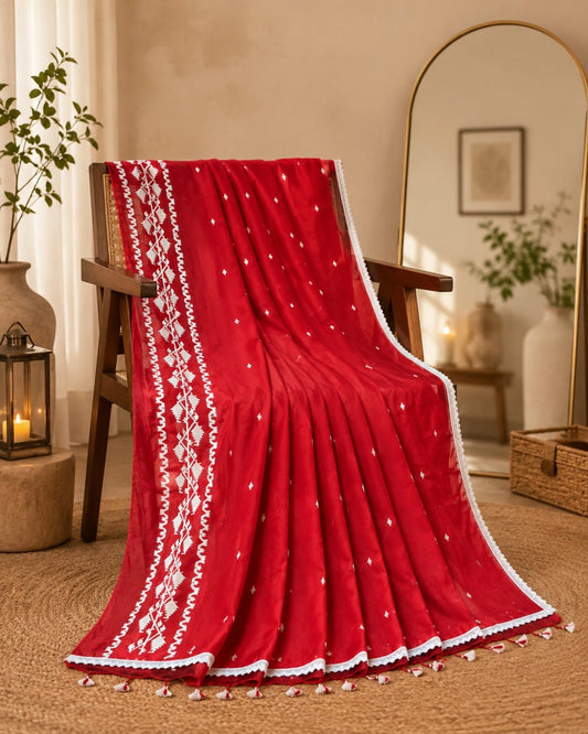 Red Cotton Khadi Lace Work Saree with White Tribal Border Motifs