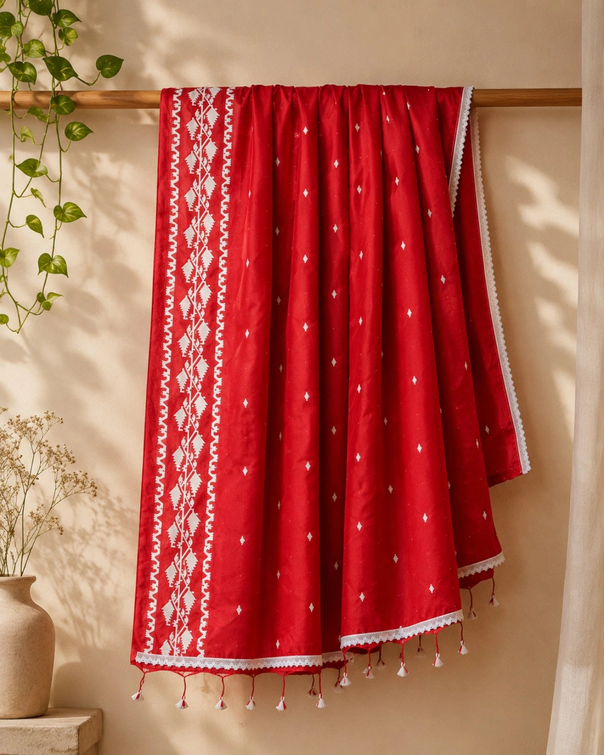 Red Cotton Khadi Lace Work Saree with White Tribal Border Motifs