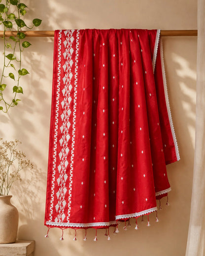 Red Cotton Khadi Lace Work Saree with White Tribal Border Motifs