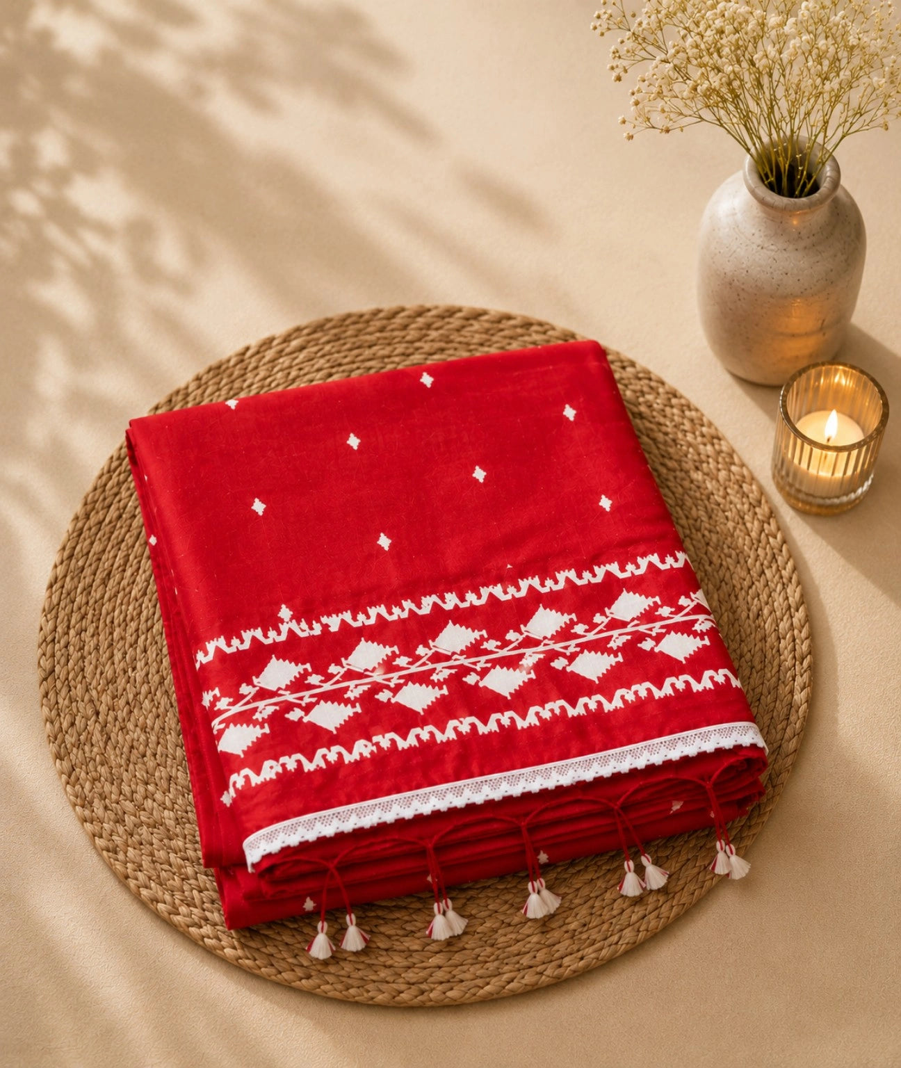 Red Cotton Khadi Lace Work Saree with White Tribal Border Motifs