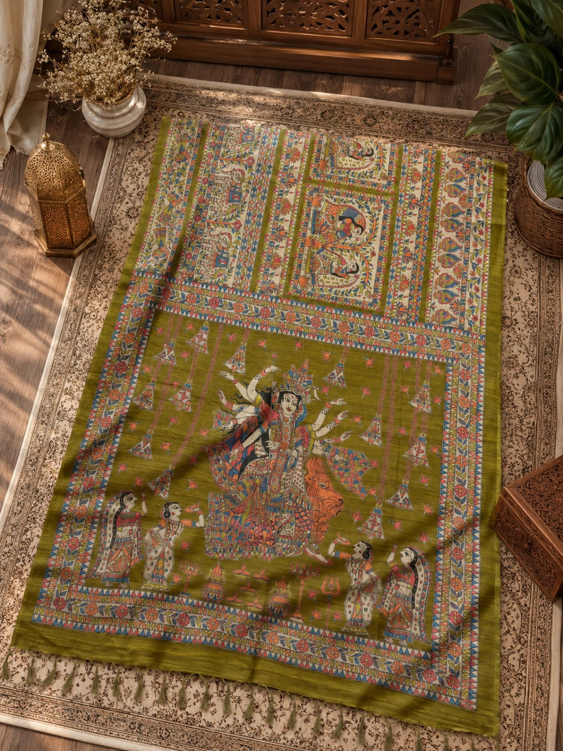 Olive Green Ghicha Tasar Saree with Madhubani Durga Art & Traditional Folk Motifs