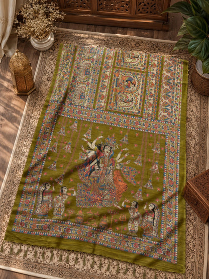 Olive Green Ghicha Tasar Saree with Madhubani Durga Art & Traditional Folk Motifs