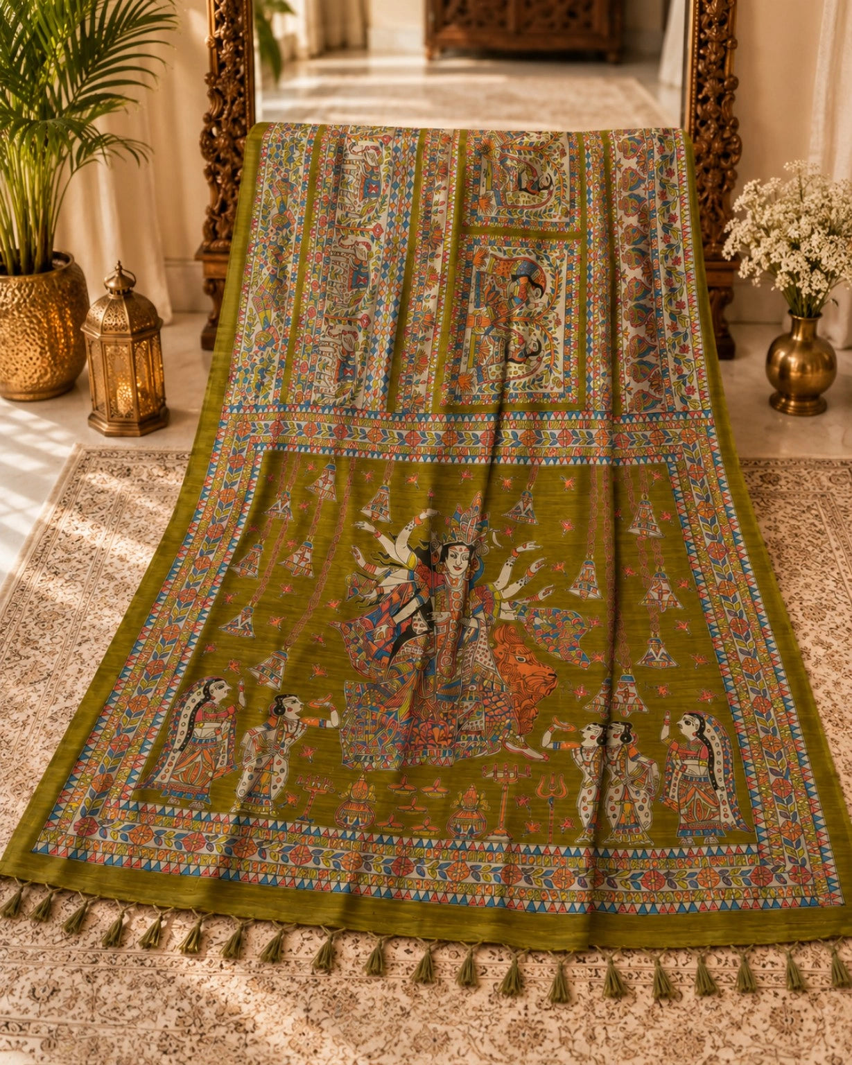 Olive Green Ghicha Tasar Saree with Madhubani Durga Art & Traditional Folk Motifs