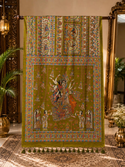 Olive Green Ghicha Tasar Saree with Madhubani Durga Art & Traditional Folk Motifs