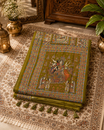 Olive Green Ghicha Tasar Saree with Madhubani Durga Art & Traditional Folk Motifs