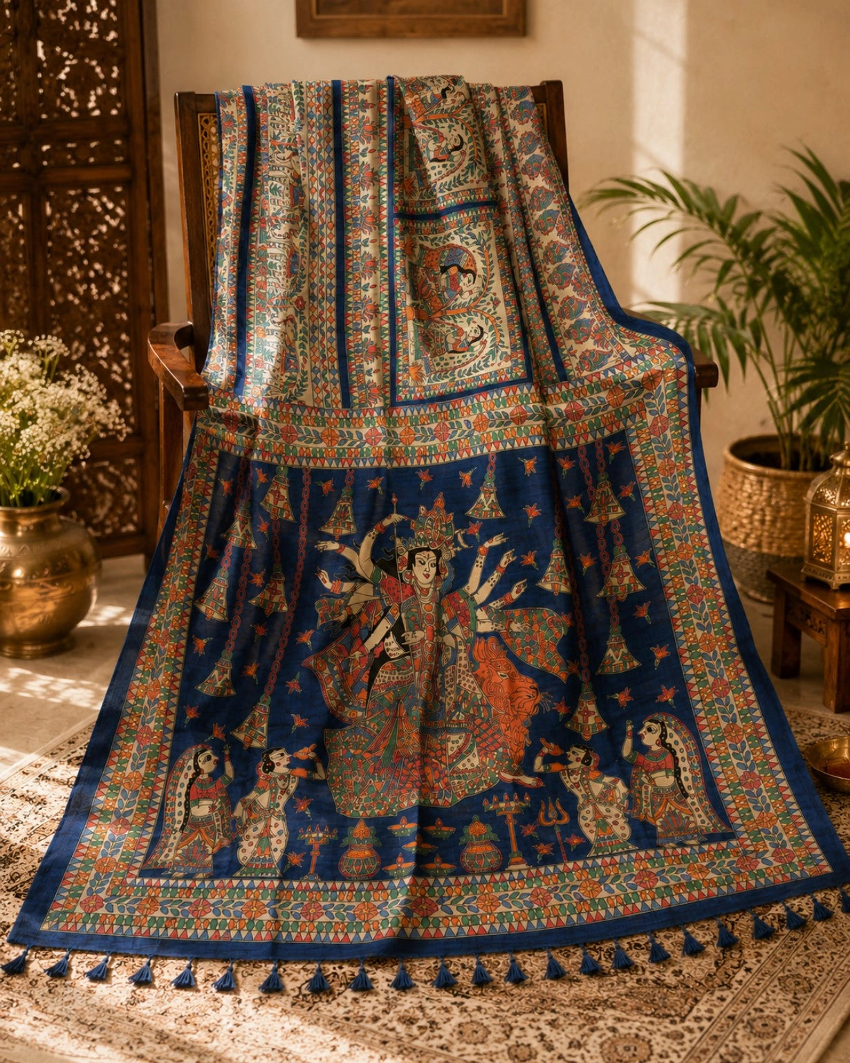 Royal Blue Ghicha Tasar Saree with Madhubani Durga Artwork & Folk Motif Borders