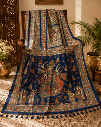 Royal Blue Ghicha Tasar Saree with Madhubani Durga Artwork & Folk Motif Borders