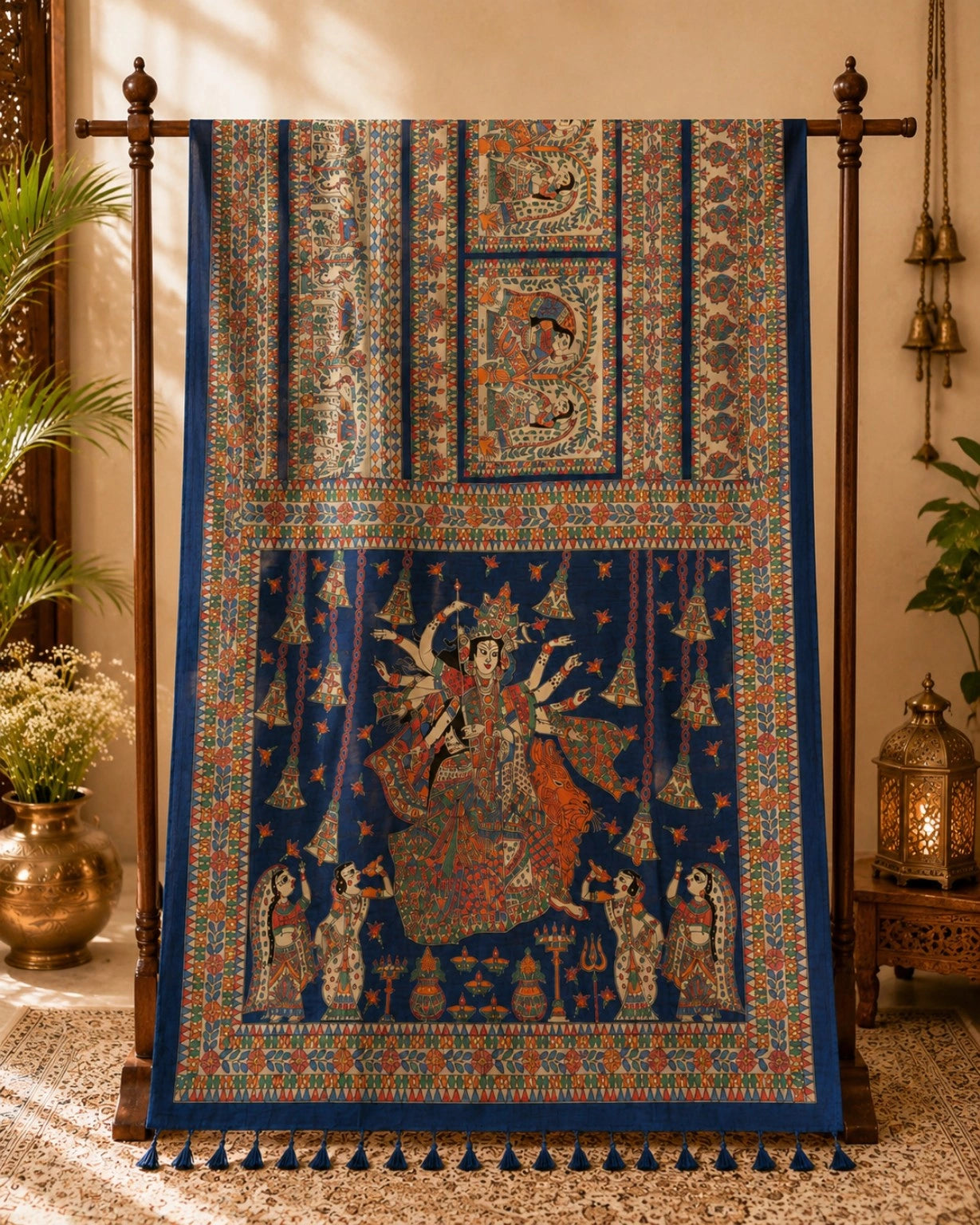 Royal Blue Ghicha Tasar Saree with Madhubani Durga Artwork & Folk Motif Borders
