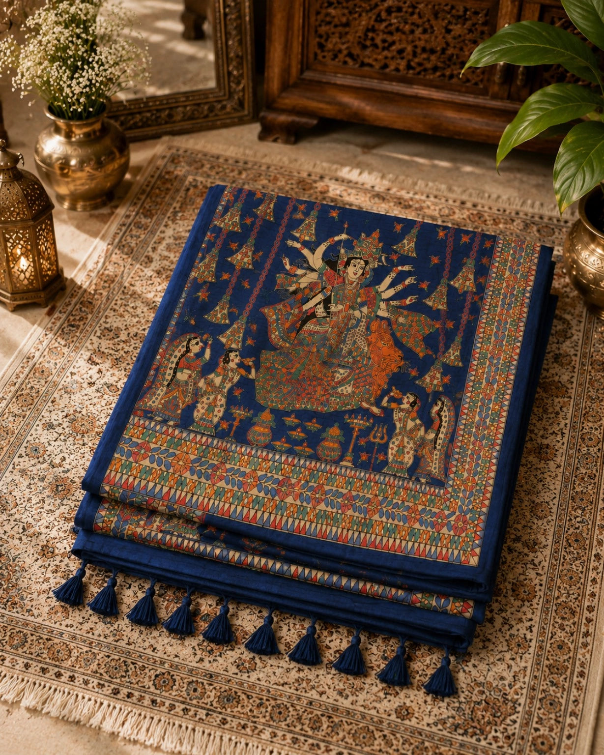 Royal Blue Ghicha Tasar Saree with Madhubani Durga Artwork & Folk Motif Borders