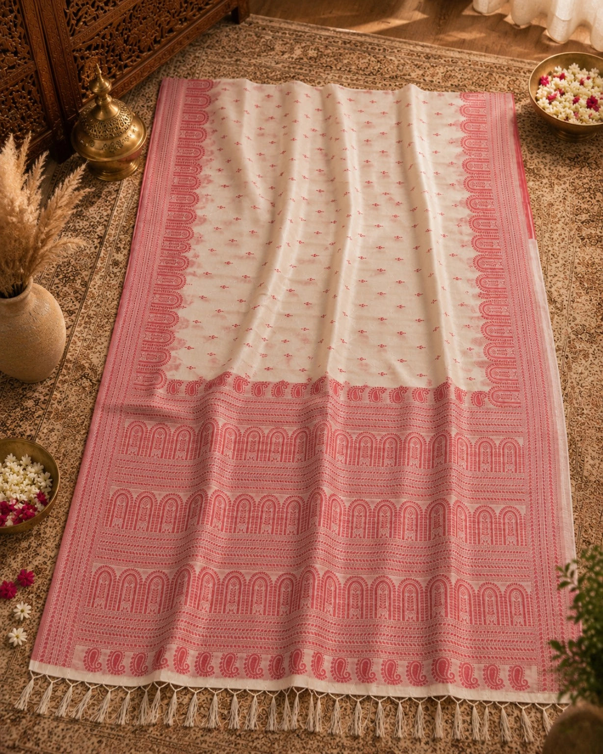 WEVOW Off-White Semi Tussar Embroidery Saree with Red Paisley Border & Heritage Motif Pallu