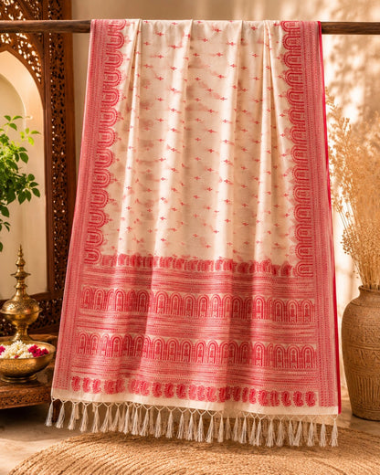 WEVOW Off-White Semi Tussar Embroidery Saree with Red Paisley Border & Heritage Motif Pallu