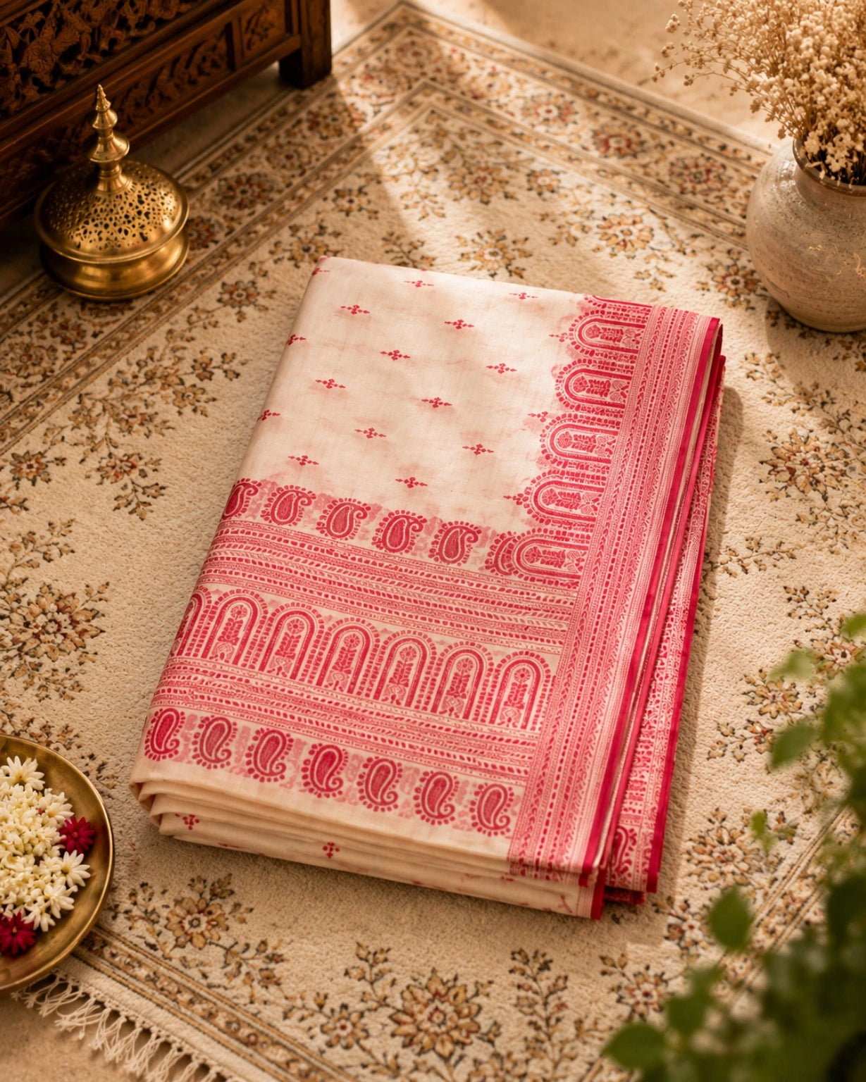 WEVOW Off-White Semi Tussar Embroidery Saree with Red Paisley Border & Heritage Motif Pallu