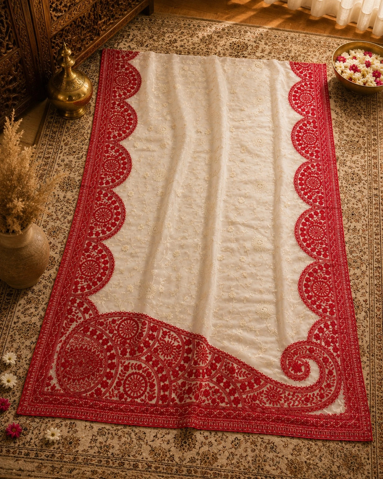 WEVOW Off-White Soft Georgette Lucknowi Embroidery Saree with Red Floral Border Work