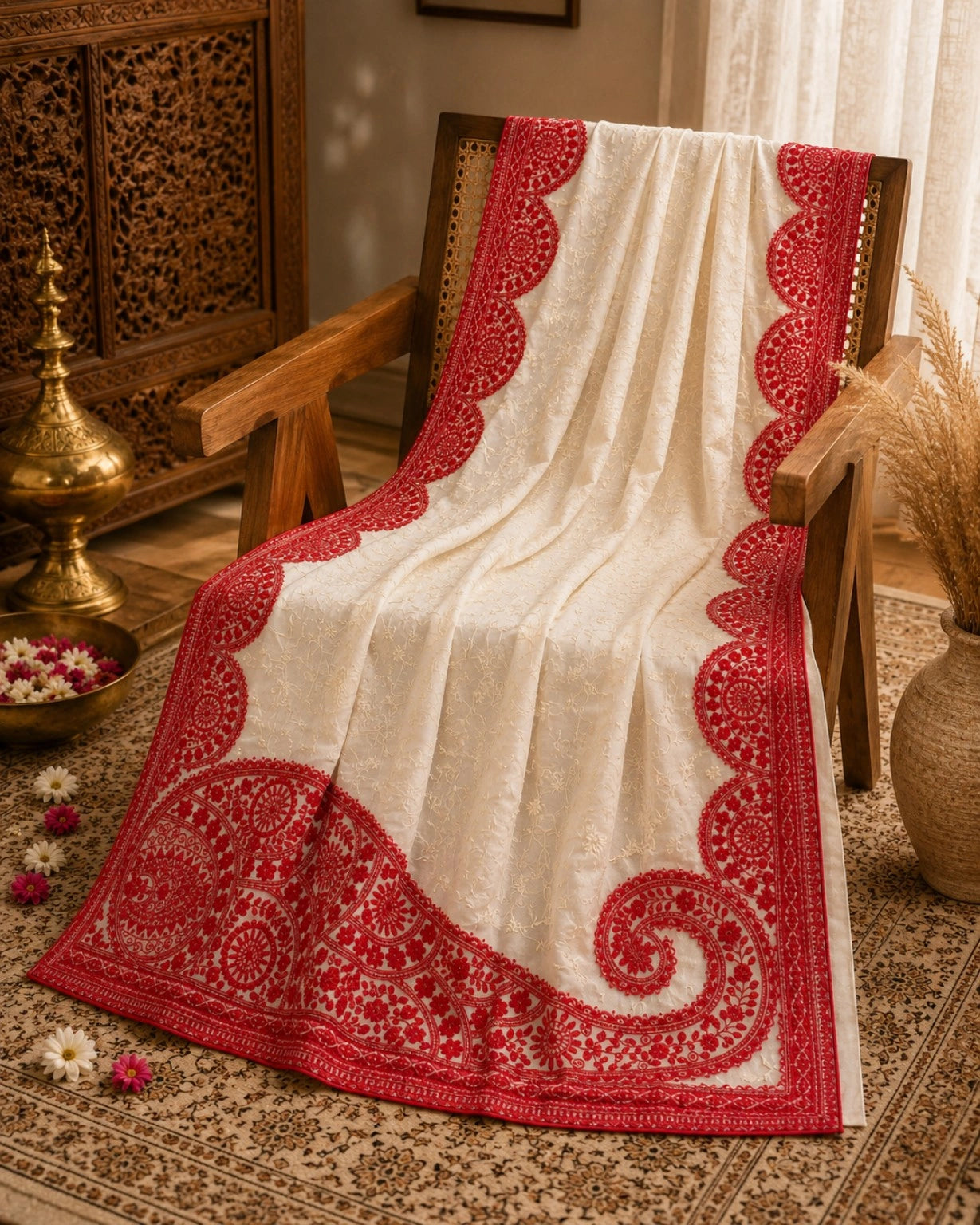 WEVOW Off-White Soft Georgette Lucknowi Embroidery Saree with Red Floral Border Work