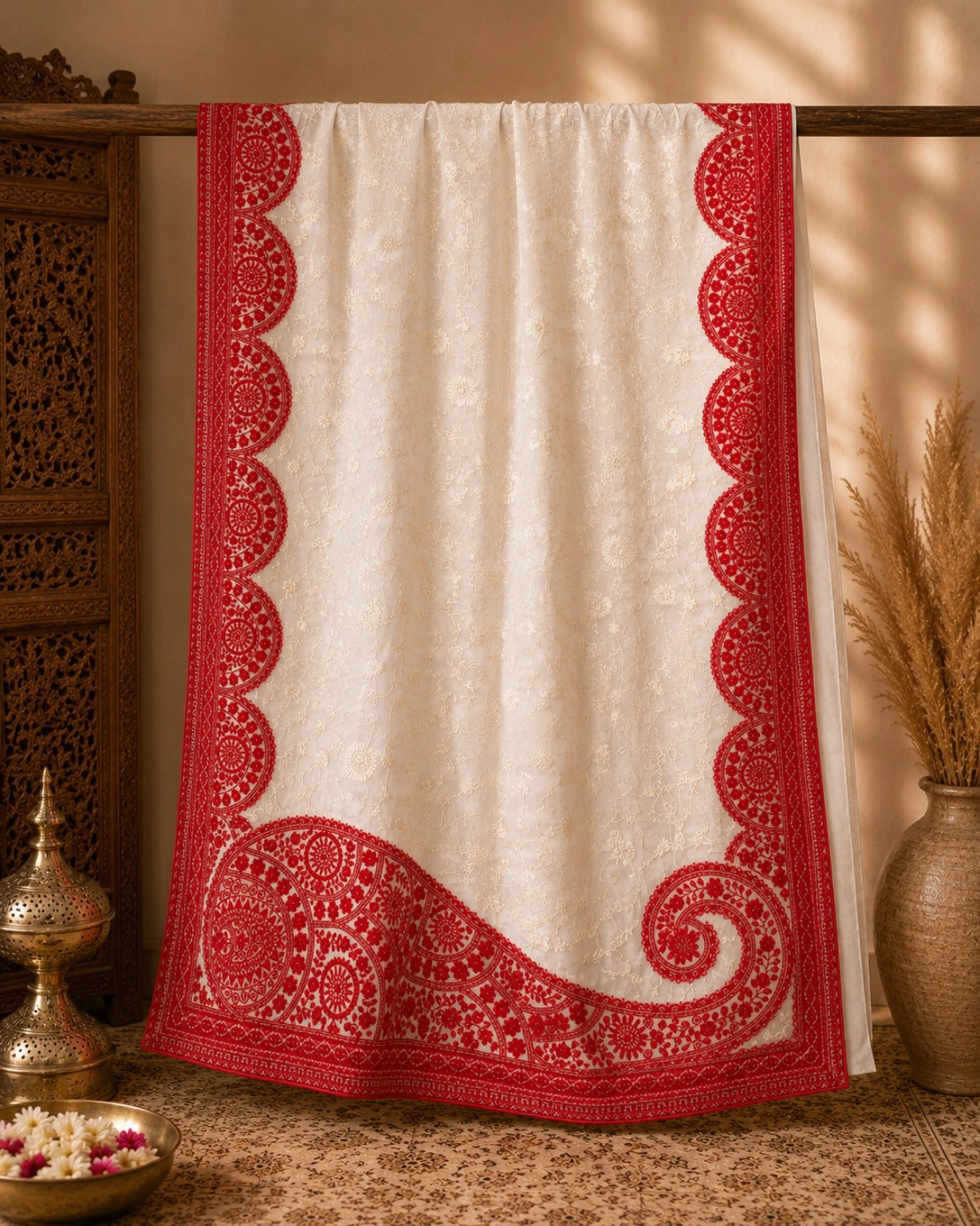 WEVOW Off-White Soft Georgette Lucknowi Embroidery Saree with Red Floral Border Work