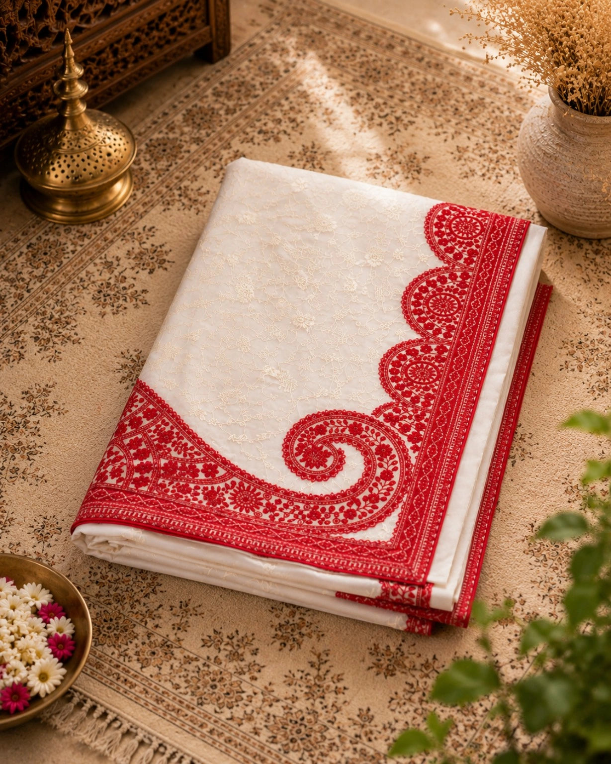 WEVOW Off-White Soft Georgette Lucknowi Embroidery Saree with Red Floral Border Work