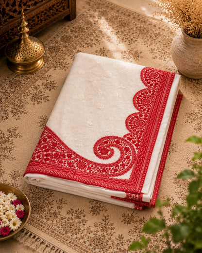 WEVOW Off-White Soft Georgette Lucknowi Embroidery Saree with Red Floral Border Work