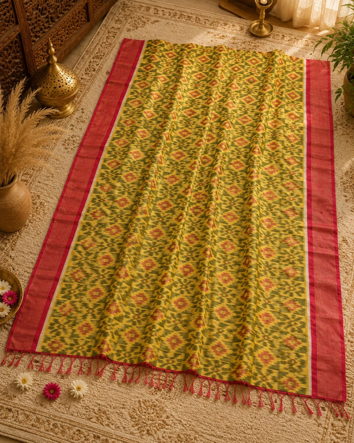 WEVOW Pure Sico Pochampally Saree in Mustard Yellow with Traditional Ikat Geometric Motifs & Pink Border