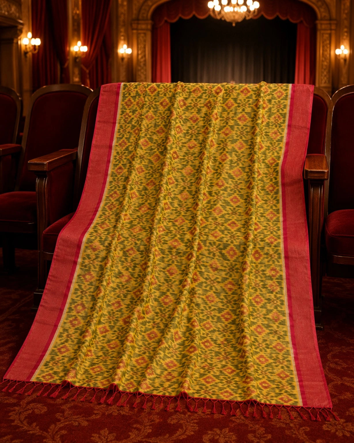 WEVOW Pure Sico Pochampally Saree in Mustard Yellow with Traditional Ikat Geometric Motifs & Pink Border