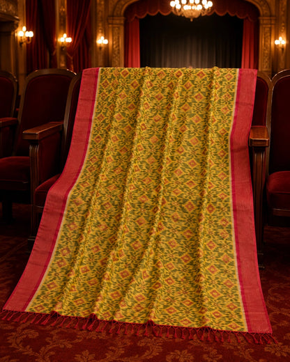 WEVOW Pure Sico Pochampally Saree in Mustard Yellow with Traditional Ikat Geometric Motifs & Pink Border