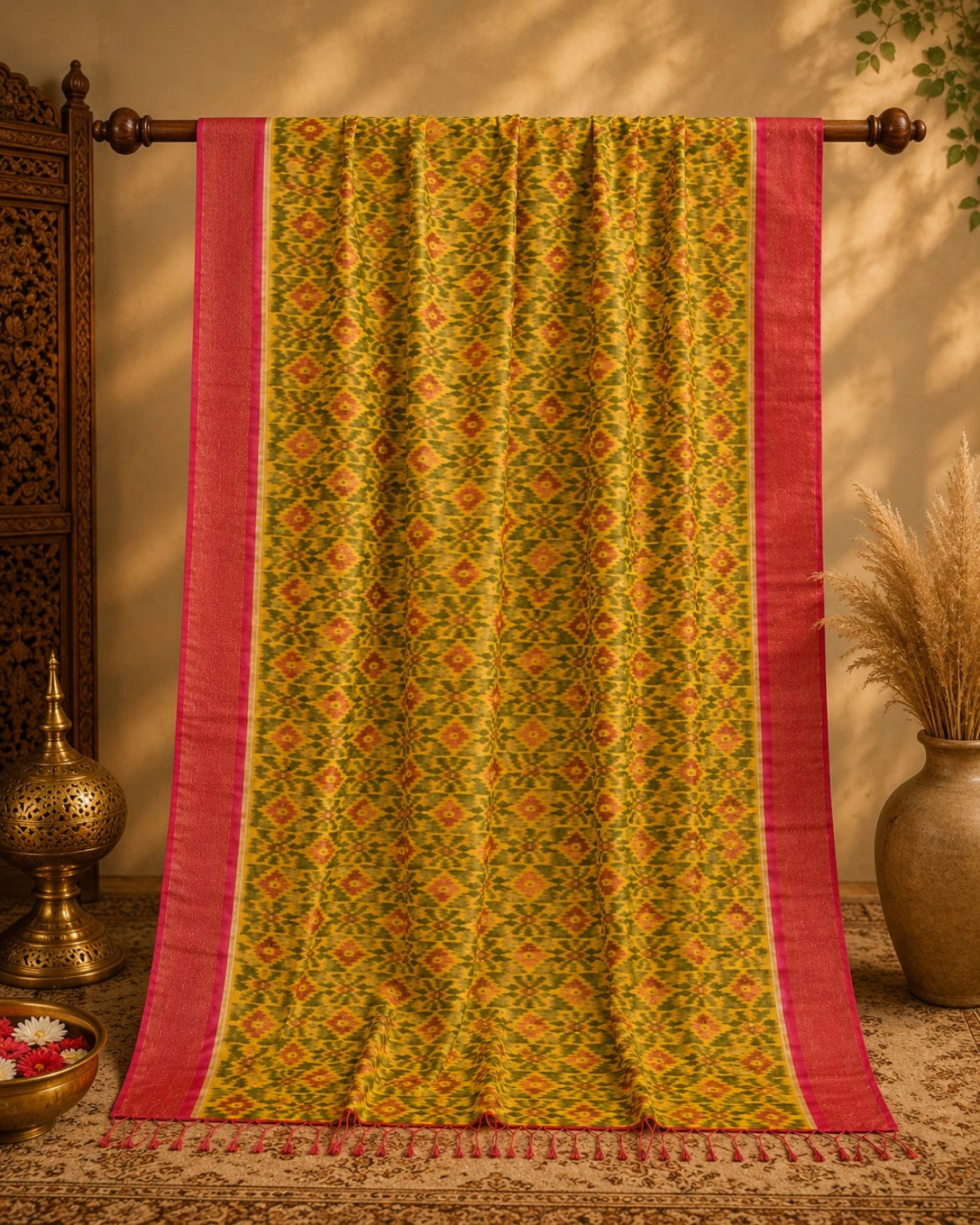 WEVOW Pure Sico Pochampally Saree in Mustard Yellow with Traditional Ikat Geometric Motifs & Pink Border