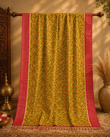 WEVOW Pure Sico Pochampally Saree in Mustard Yellow with Traditional Ikat Geometric Motifs & Pink Border