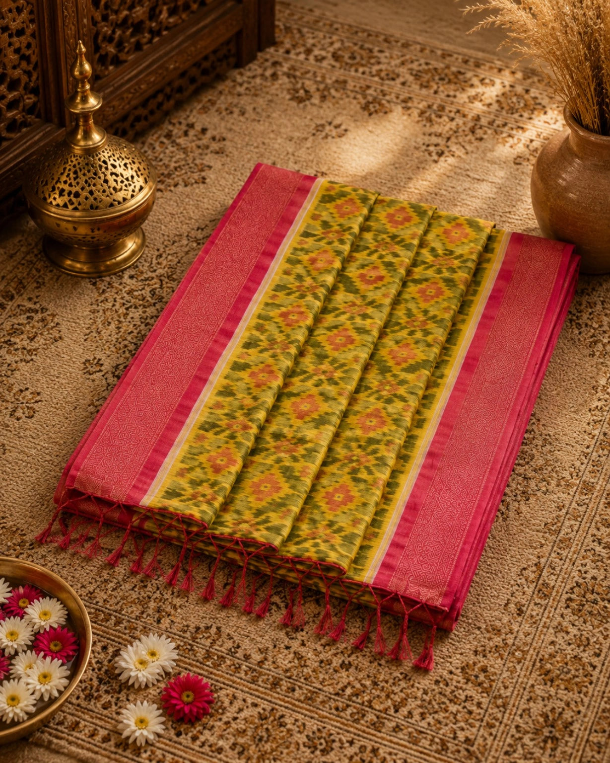 WEVOW Pure Sico Pochampally Saree in Mustard Yellow with Traditional Ikat Geometric Motifs & Pink Border
