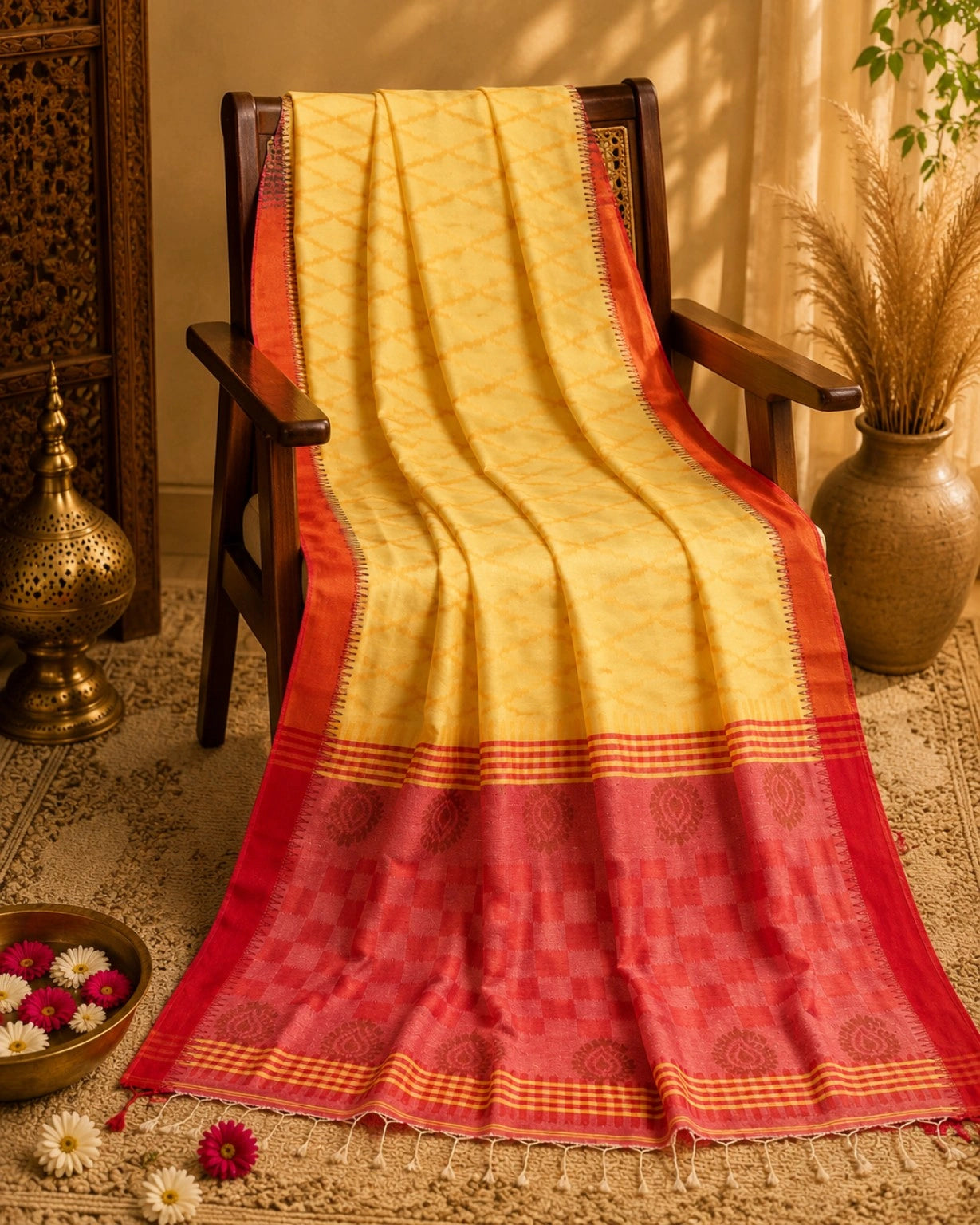 WEVOW Yellow Cotton Handloom Saree with Red-Pink Pallu & Traditional Paisley Motifs