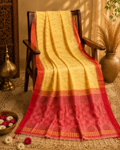 WEVOW Yellow Cotton Handloom Saree with Red-Pink Pallu & Traditional Paisley Motifs