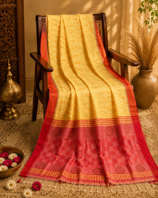 WEVOW Yellow Cotton Handloom Saree with Red-Pink Pallu & Traditional Paisley Motifs