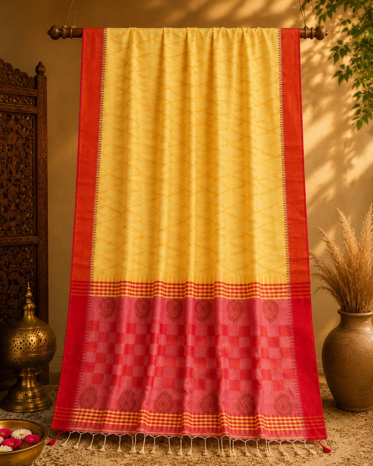 WEVOW Yellow Cotton Handloom Saree with Red-Pink Pallu & Traditional Paisley Motifs