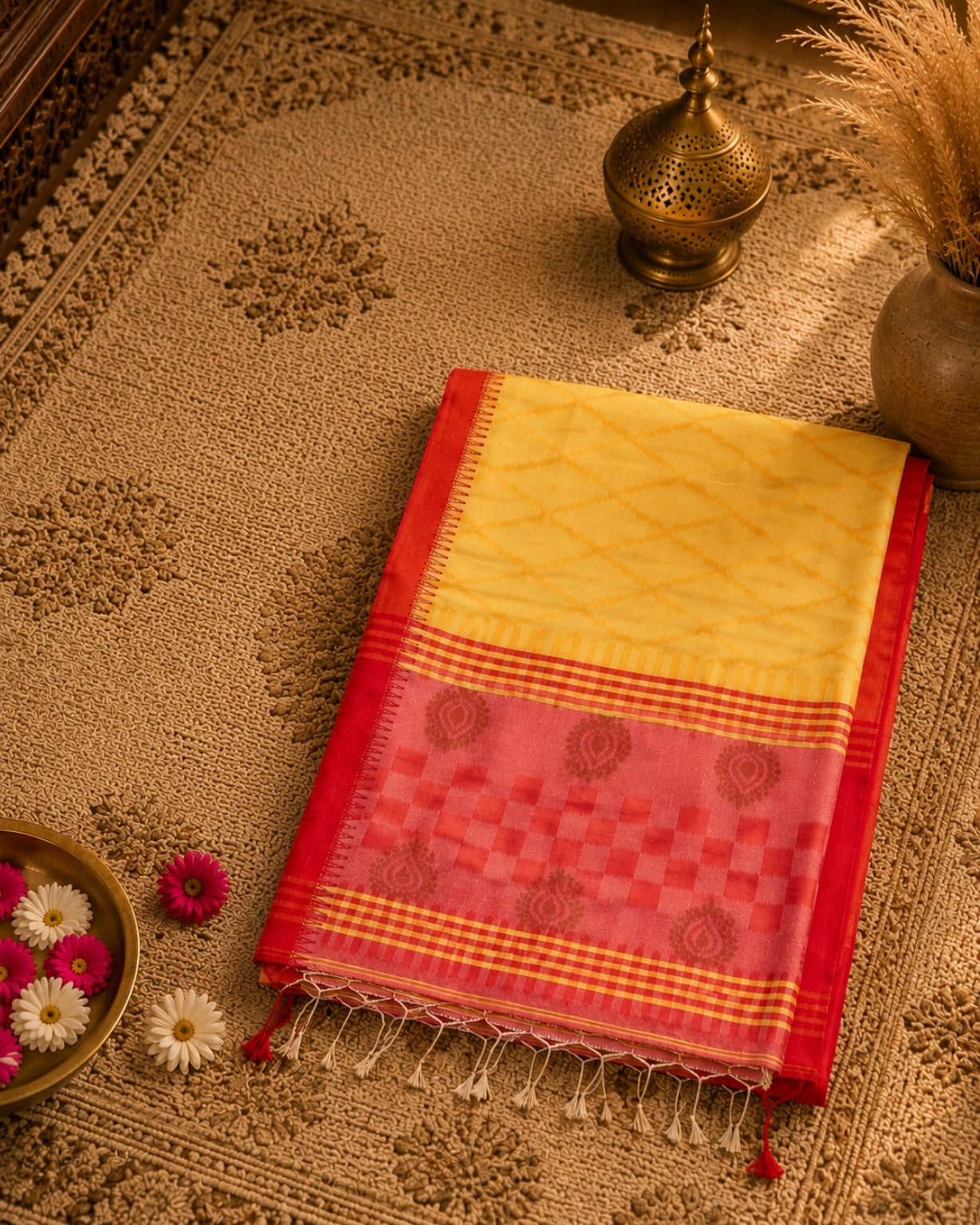 WEVOW Yellow Cotton Handloom Saree with Red-Pink Pallu & Traditional Paisley Motifs