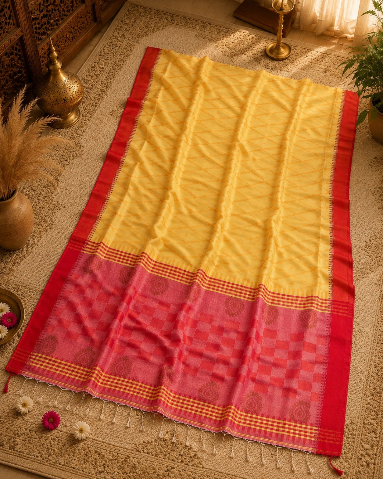WEVOW Yellow Cotton Handloom Saree with Red-Pink Pallu & Traditional Paisley Motifs