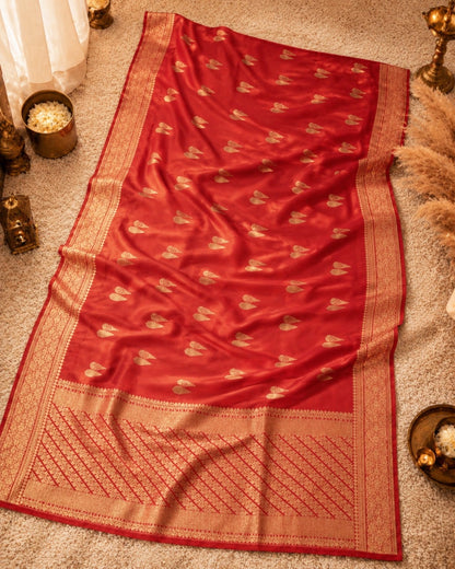 WEVOW Dola Mashru Silk Saree in Royal Red with Golden Buti Motifs & Rich Zari Woven Pallu