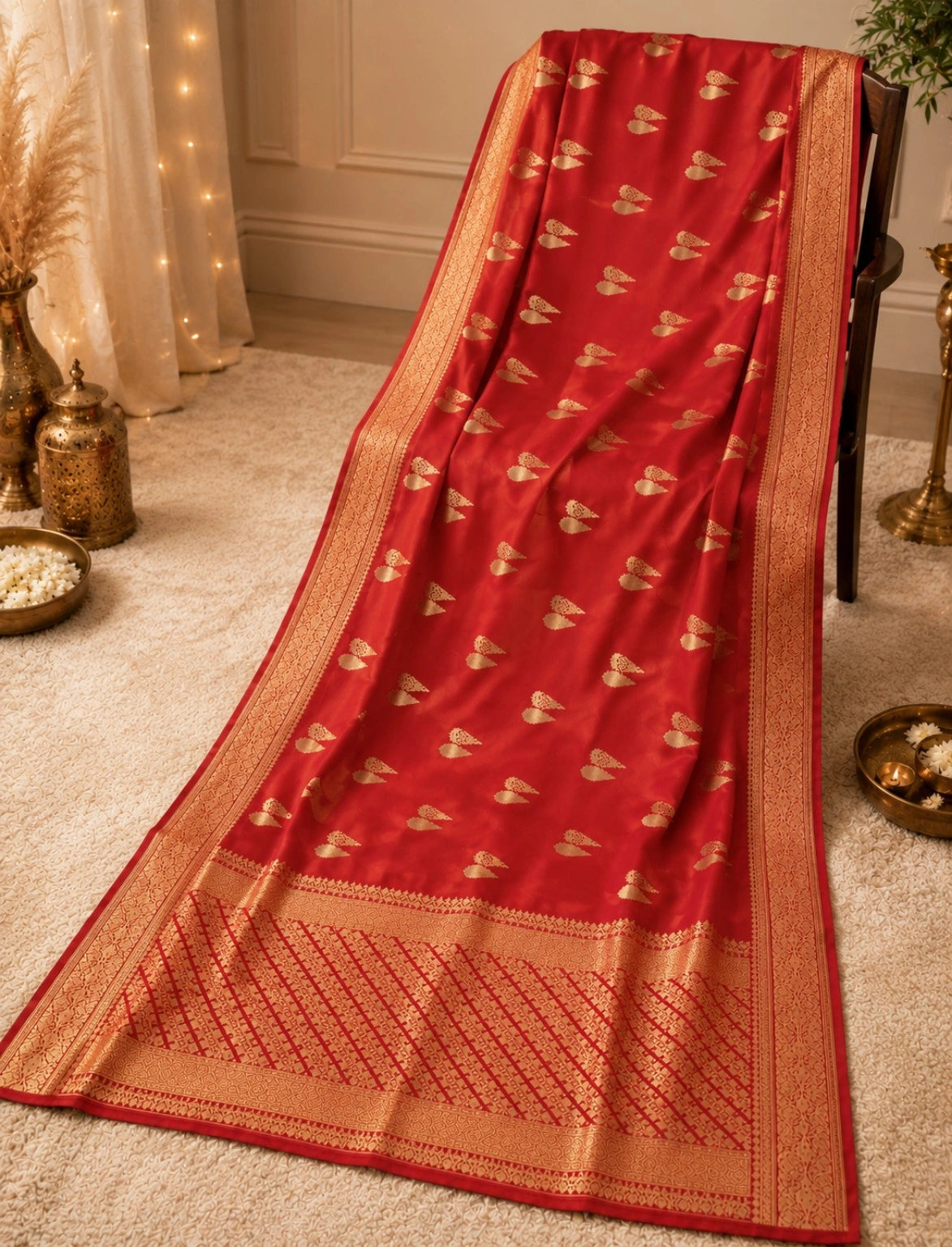 WEVOW Dola Mashru Silk Saree in Royal Red with Golden Buti Motifs & Rich Zari Woven Pallu