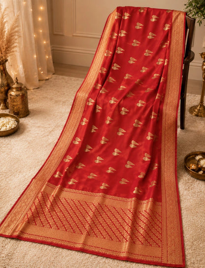 WEVOW Dola Mashru Silk Saree in Royal Red with Golden Buti Motifs & Rich Zari Woven Pallu