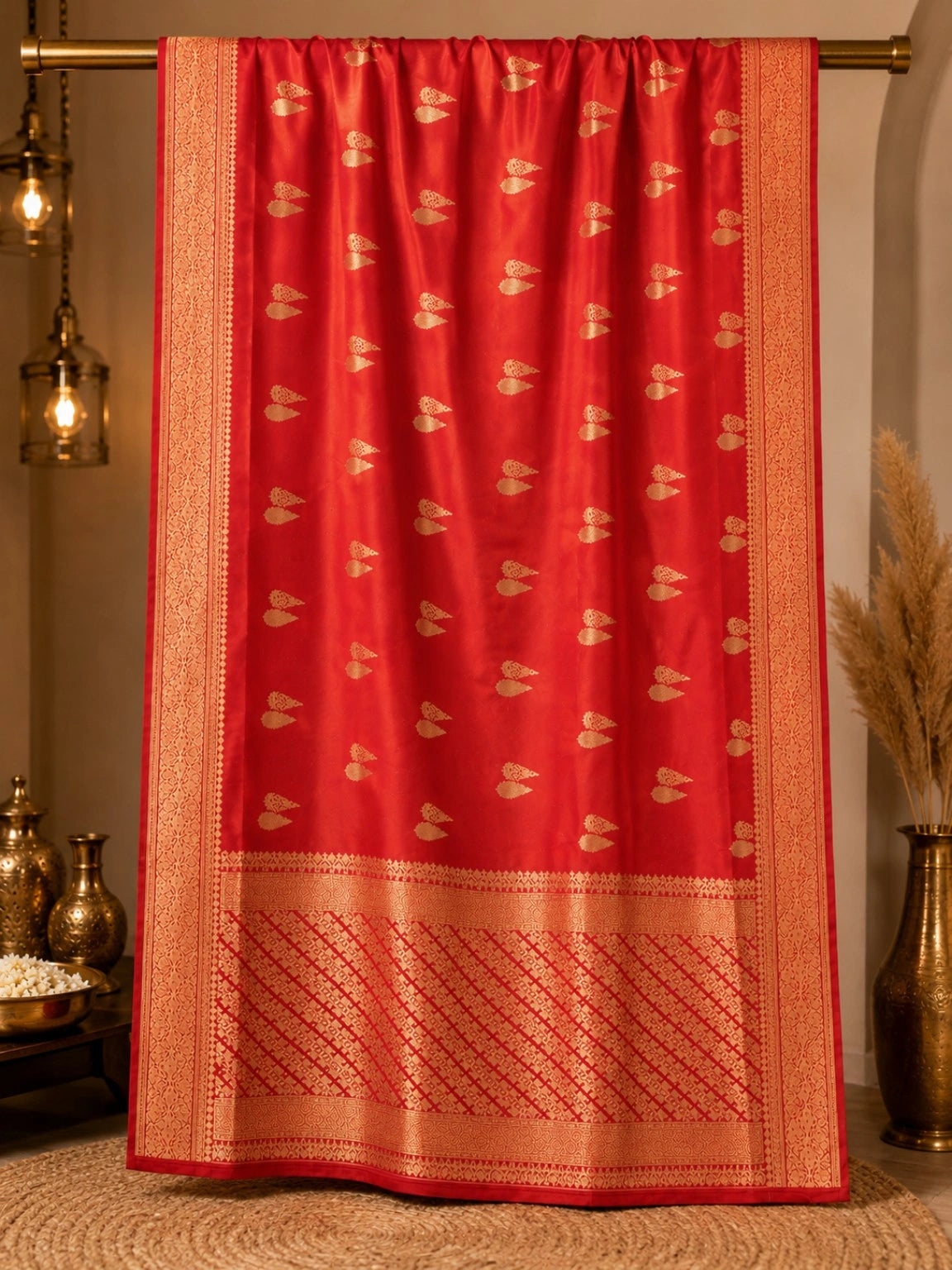 WEVOW Dola Mashru Silk Saree in Royal Red with Golden Buti Motifs & Rich Zari Woven Pallu