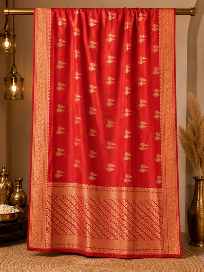 WEVOW Dola Mashru Silk Saree in Royal Red with Golden Buti Motifs & Rich Zari Woven Pallu