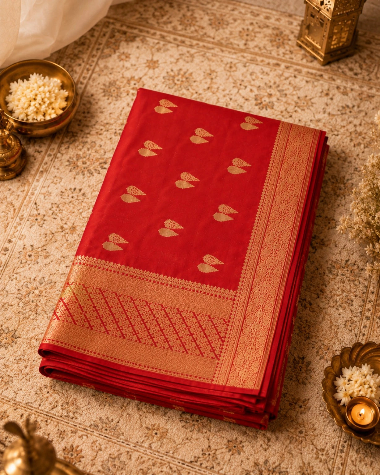 WEVOW Dola Mashru Silk Saree in Royal Red with Golden Buti Motifs & Rich Zari Woven Pallu